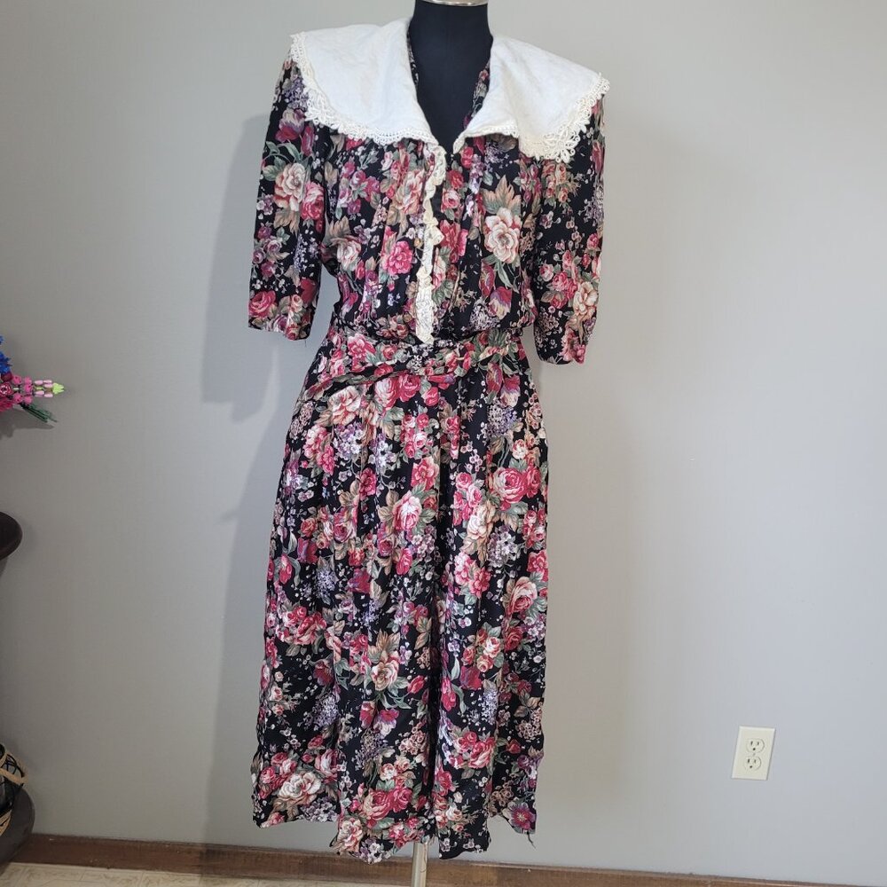 1980s Floral Sailor Collar Shirt Dress